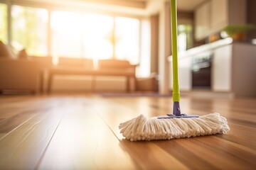 Detailed close-up of a mop, ready to tackle any mess on your sleek wooden floors.