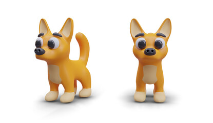 Collection of cute puppies in different positions on white background. Orange dog front and side view. Home pets concept. Vector illustration in 3D style