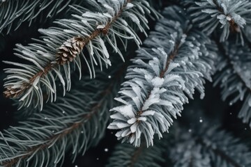 Naklejka na ściany i meble Winter Abstract Background With Snowcovered Fir Tree Branches Photorealism