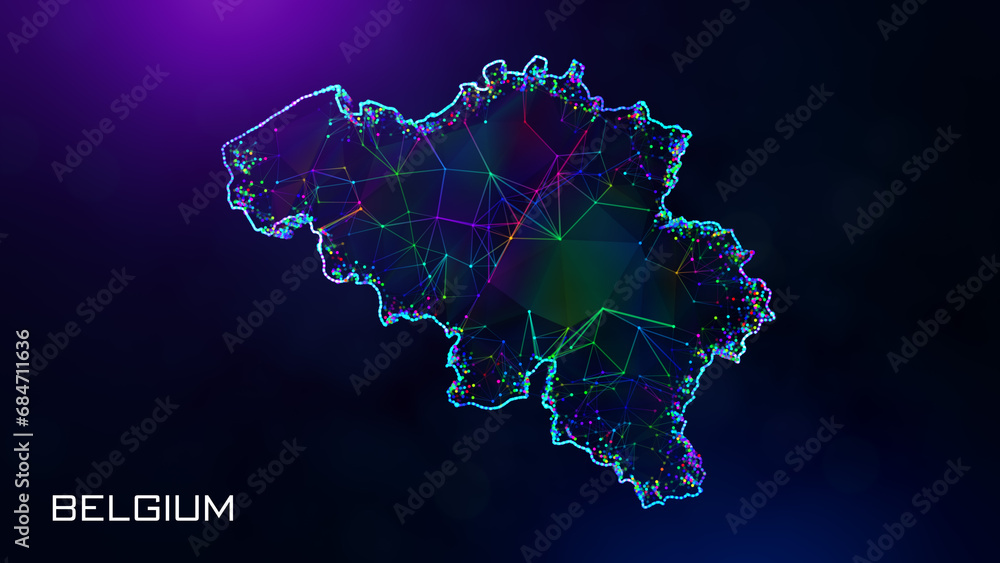 Poster futuristic sweet belgium map polygonal blue purple colorful connected lines and dots wireframe netwo