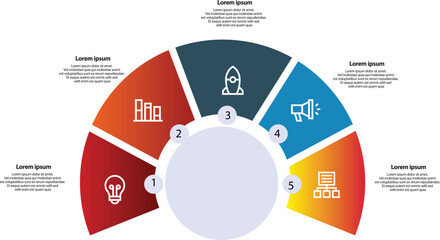 Collection of vector circle chart infographic templates for presentations, advertising, layouts, annual reports. 5 options, steps, parts