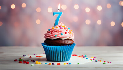 Birthday cupcake with lit birthday candle Number seven for seven years or seventh anniversary - obrazy, fototapety, plakaty