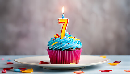 Birthday cupcake with lit birthday candle Number seven for seven years or seventh anniversary