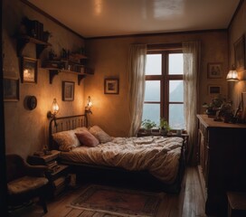 Cozy vintage bedroom interior, warm lighting, wooden floor, and a scenic view from the window.