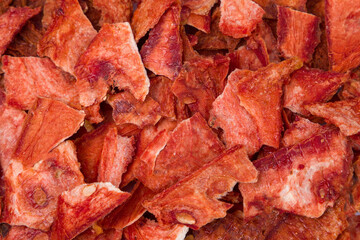 Crispy slices of dried watermelon. Top view. Close-up. 