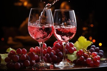 two wine glasses with deep burgundy wine splashes on black background 