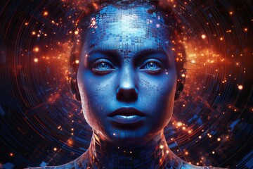 A female face with matrix digital numbers, dots, links, a hologram. The concept of artificial intelligence AI with a human face.