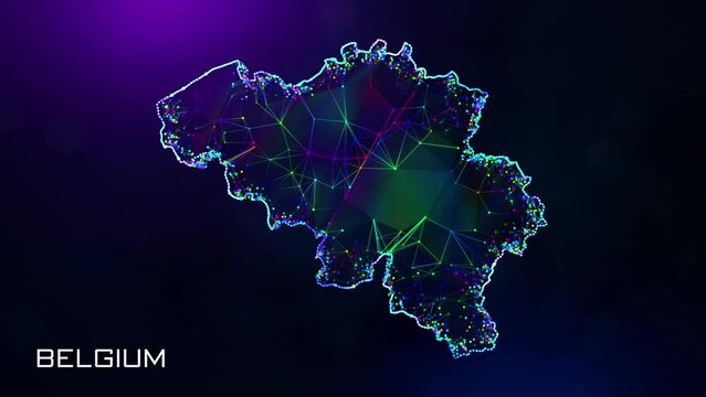Futuristic Sweet Motion Reveal Belgium Map Polygonal Blue Purple Colorful Connected Lines And Dots Wireframe Network With Text On Hazy Flare Bokeh Background, Last 10 Seconds Seamless Loop