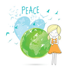 International Day of Peace. Bird, globe, flowers, heart continuous drawing. Concept of love, peace and kindness. Text. Vector