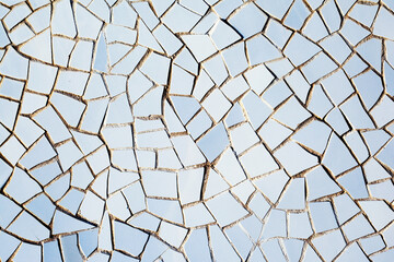 Geometric shape background. Blue mosaic pieces background. Ceramic decoration texture. Puzzle look graphic design. Vibrant color texture. Ceramic tile wall. Uneven porcelain pieces.