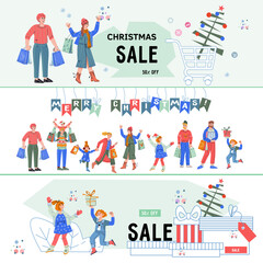 Christmas holiday season sale and shopping banners and leaflets set. Family and friends find great deals on Christmas and New Year items, festive banners flat vector illustration.