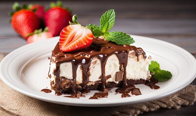 A piece of cake on a plate with chocolate sauce and strawberries