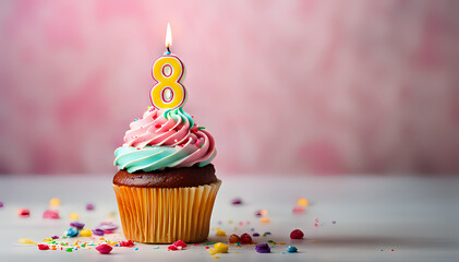 Birthday cupcake with lit birthday candle Number eight for eight years or eighth anniversary