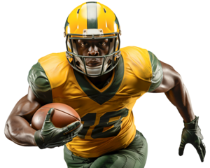 A black American football player in a yellow-green helmet and uniform runs with a ball in his right hand