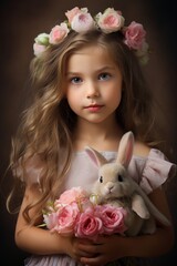 A cute girl with a flower wreath in brown hair, wearing a white flowing dress and holding a white bunny and a bouquet of pink roses. Happy Easter.