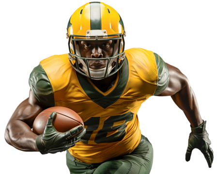 A black American football player in a yellow-green helmet and uniform runs with a ball in his right hand