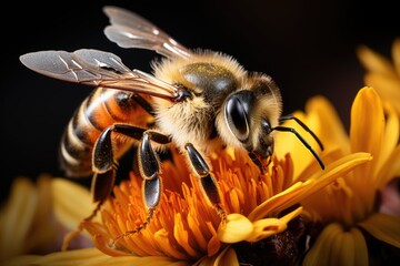 bee extracting nectar from yellow flower - obrazy, fototapety, plakaty