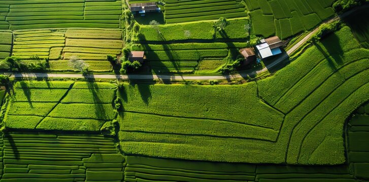 Paddy fields that have started to turn yellow, taken from an aerial view. AI generated image