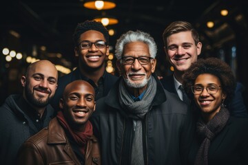Fototapeta premium A large group of diverse individuals stands together, smiling and posing for a photograph at a social gathering.