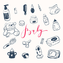 A set of items for baby care. Vector illustration in doodle style. - obrazy, fototapety, plakaty