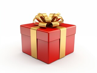 Realistic red gift box with golden ribbon isolated on white background