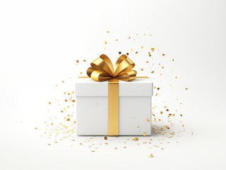 White gift box with golden ribbon and confetti isolated on white background