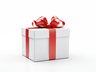 Realistic white gift box with red satin ribbon isolated on white background