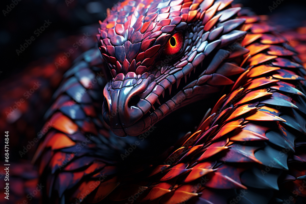 Poster A vibrant vortex of abstract patterns forming a stylized viper, showcasing the hypnotic and enigmatic qualities of serpentine creatures.