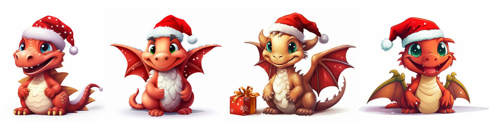 A set of fantastic cartoon cute dragons in a red Christmas hat with gifts on a white background. New Year's symbol of 2024 for overlay