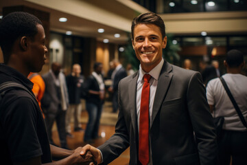 party candidate meets with his constituent in a hotel lobby after a debate with competitors for office, local government elections, the importance of democratic institutions in a country and elections - obrazy, fototapety, plakaty