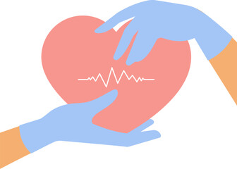 Female nurse hands in medical gloves hold heart. Cardiac assistance concept. Symbol of empathy, generosity, healthcare, charity. Vector isolated illustration. Heart treatment and donation.