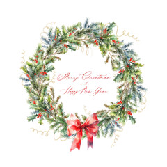 Watercolor wreath of fir branches, holly berry and red bow with text Merry Christmas, - 684714897