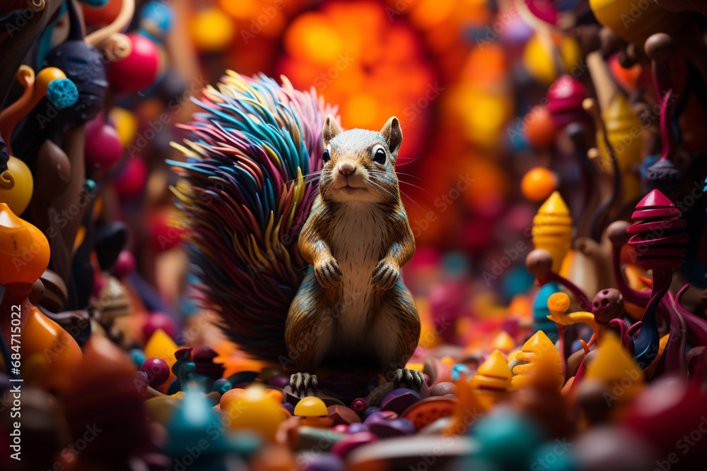 Poster a squirrel surrounded by a symphony of abstract safari-inspired patterns, embodying the vibrant ener