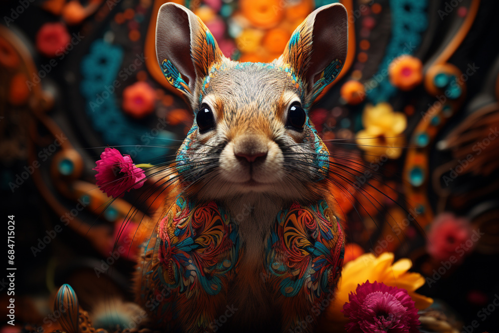 Poster a squirrel surrounded by a symphony of abstract safari-inspired patterns, embodying the vibrant ener