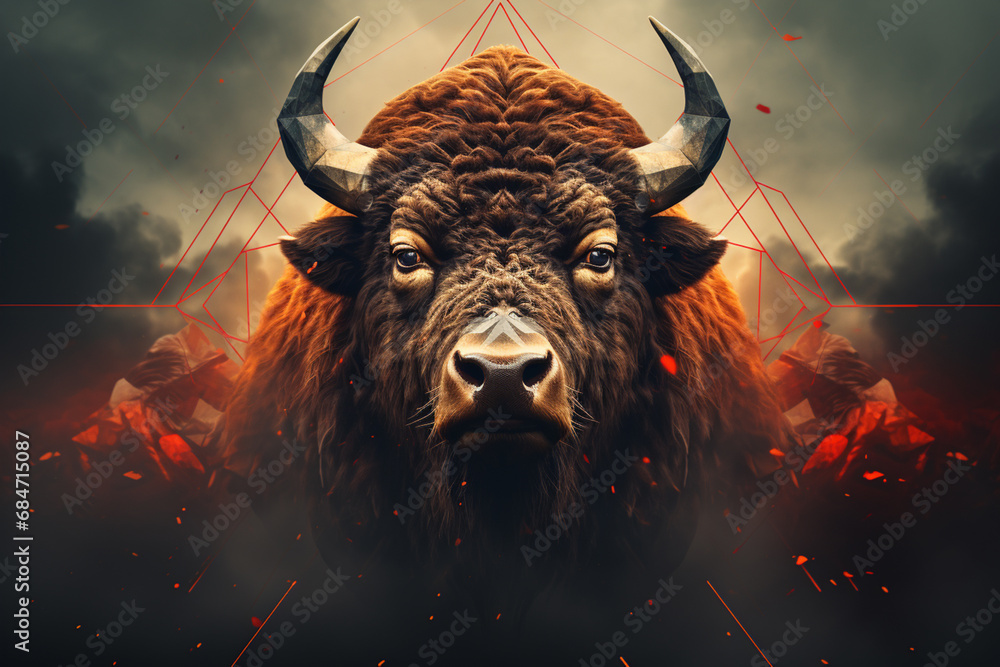 Poster a bison portrayed in an abstract ballet of patterns, embodying the strength and majestic presence of