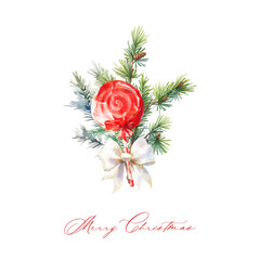 Fir green branch, lollipop cane, red bow satin ribbon with text Merry Christmas. - 684715051
