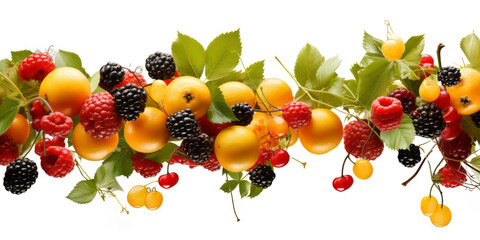 Mixed fresh fruits, agrumes and leaves, juicy fruit and water drops floating in the air isolated on transparent background