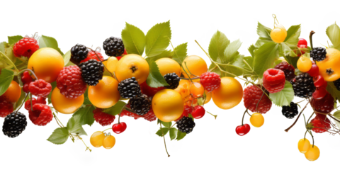 Mixed fresh fruits, agrumes and leaves, juicy fruit and water drops floating in the air isolated on transparent background