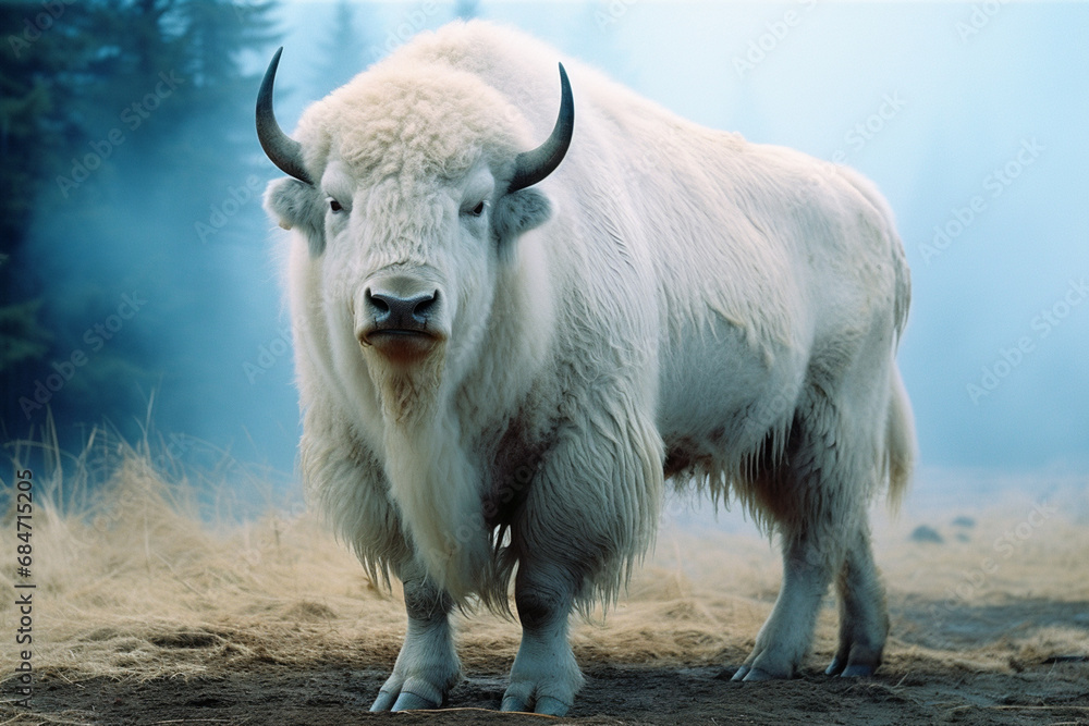 Poster a powerful image of an albino bison, its massive presence and white coat creating a regal and majest