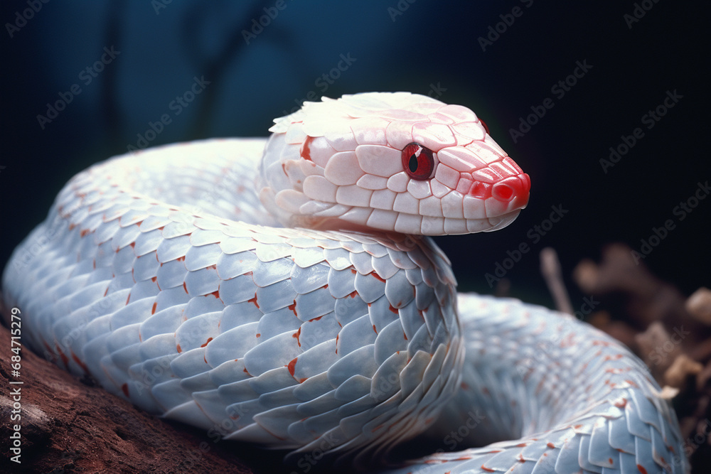 Poster A captivating image of an albino cobra, its hood spread wide in a display of both danger and the striking beauty of its pale scales.
