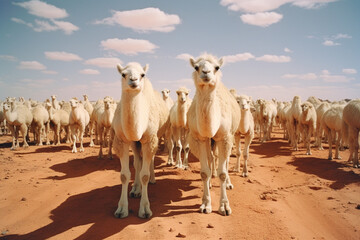 An extraordinary sight of a caravan of albino camels traversing a desert landscape, their unique coats standing out against the sandy backdrop.