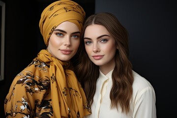 Two women wearing headscarves stand together and pose for a picture. - obrazy, fototapety, plakaty