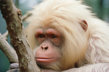 A thought-provoking photograph of an albino orangutan, its introspective gaze emphasizing the emotional depth of these primates.