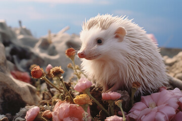 A delightful image of an albino hedgehog on a journey of exploration, its quills and pink nose adding to the charm.