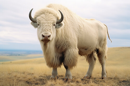 A powerful image of an albino bison, its massive presence and white coat creating a regal and majestic aura.
