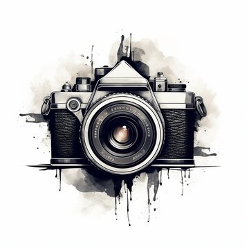 An icon without a camera brand on a white background with art. A modern doodle-style camera. Stylish logo for the photographer