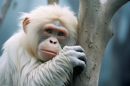 A thought-provoking photograph of an albino orangutan, its introspective gaze emphasizing the emotional depth of these primates. - Powered by Adobe