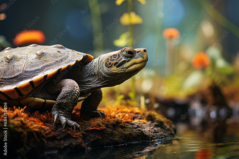 Poster a contemplative moment captured with a tiny pond turtle against a pastel background, evoking the tra