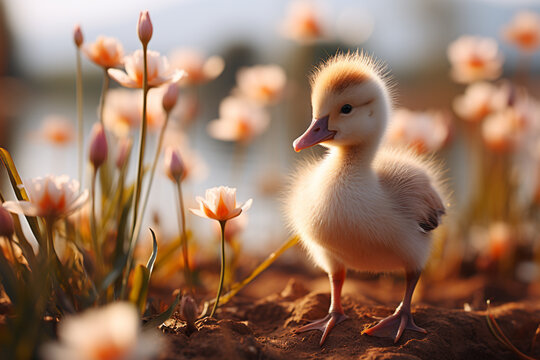 A dainty duckling lost in daydream against a pastel background, showcasing the innocence and charm of these tiny waterfowl.