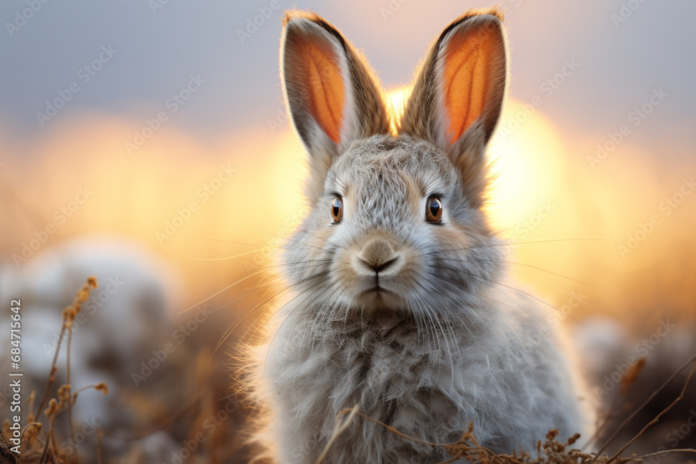 Poster a close-up of a dappled grey rabbit against a pale yellow background, showcasing the intricate patte